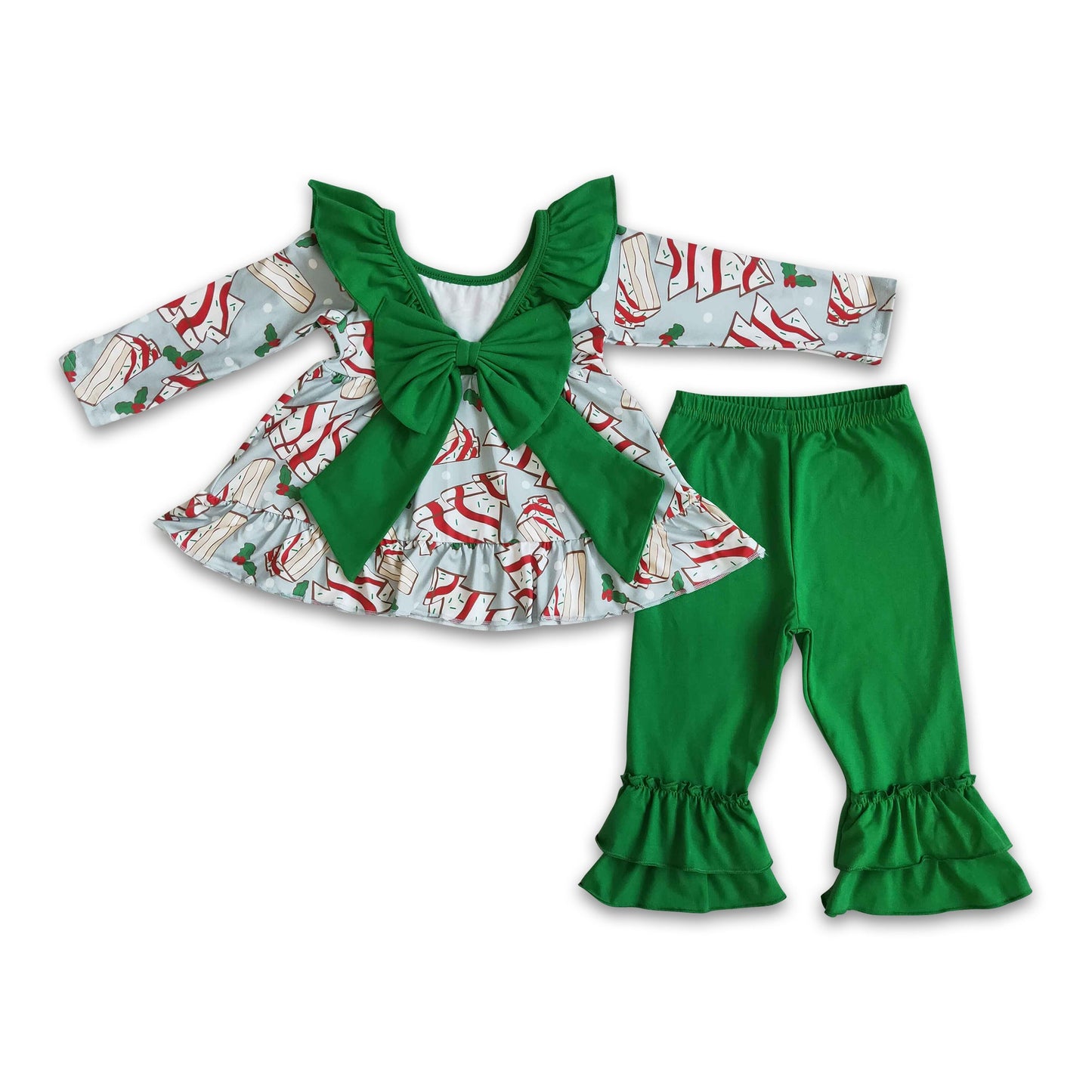 Christmas tree cakes backless tunic green pants girls boutique clothing set