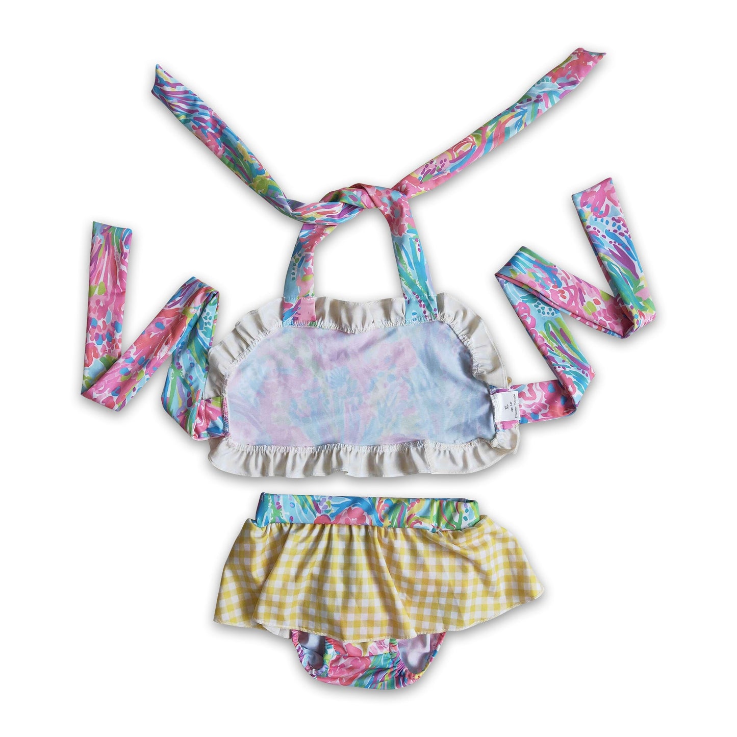 Tie dye print  yellow gingham baby girls summer swimsuit