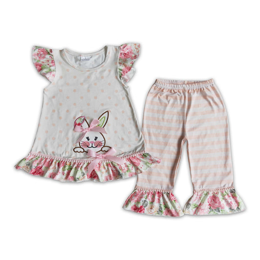 Bunny embroidery floral shirt stripe capris baby girls easter clothing