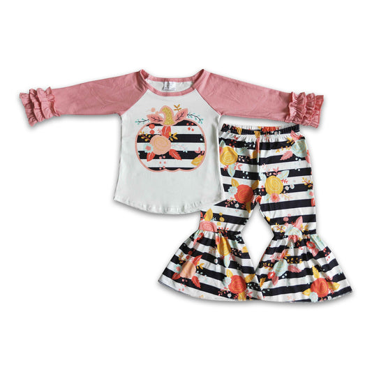 Girl Pumpkin Floral Striped Outfit