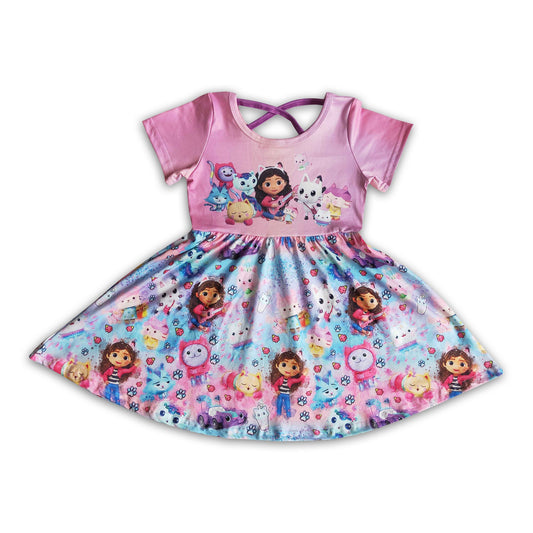 Short sleeve cute cat print baby girls twirl summer dresses