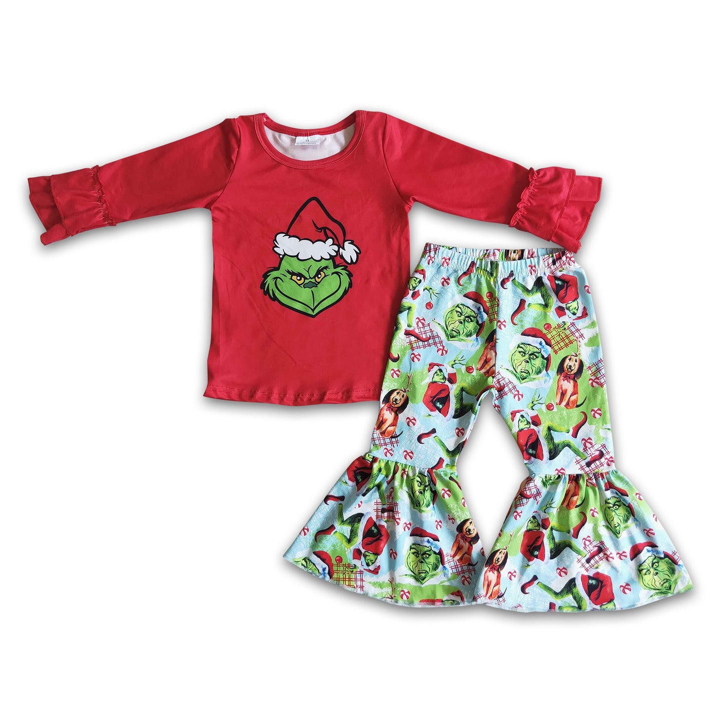 Red green face screen print shirt bell bottom pants girls Christmas clothing set
