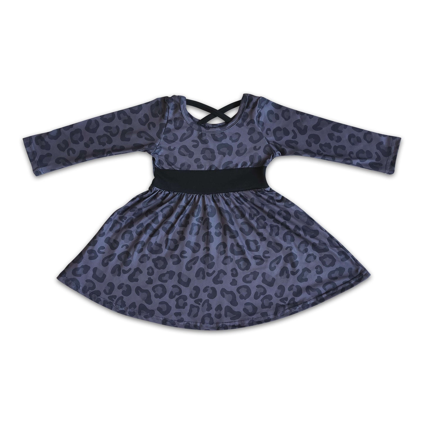 Black leopard long sleeve girls twirl dresses