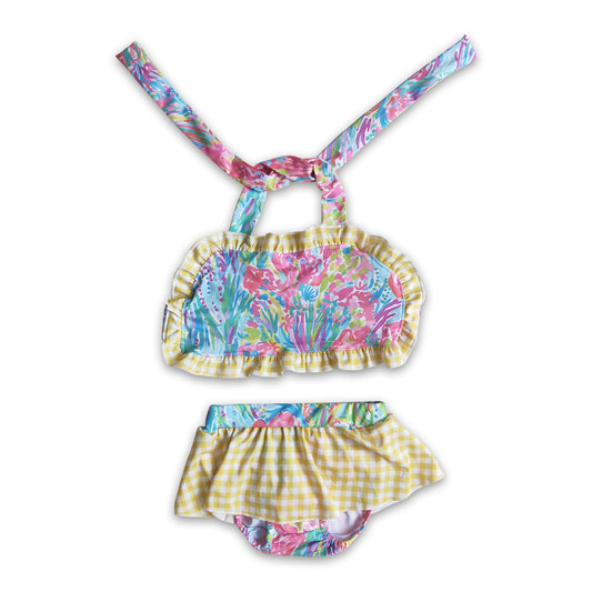 Tie dye print  yellow gingham baby girls summer swimsuit