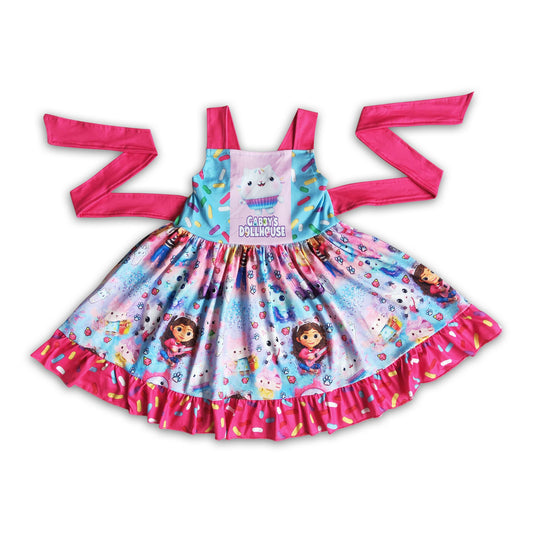 Sleeveless belt cat print baby girls twirl summer dresses