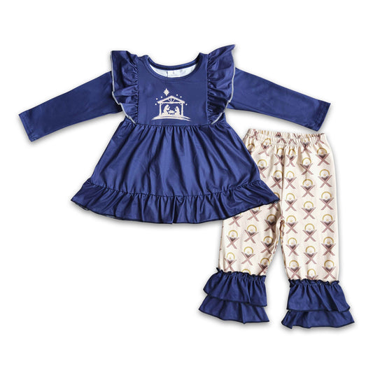 Nativity print navy tunic ruffle pants girls Christmas outfits