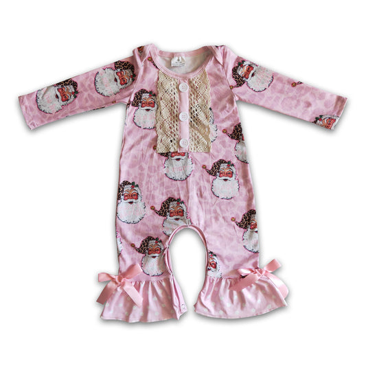 Pink leopard santa print baby Christmas romper