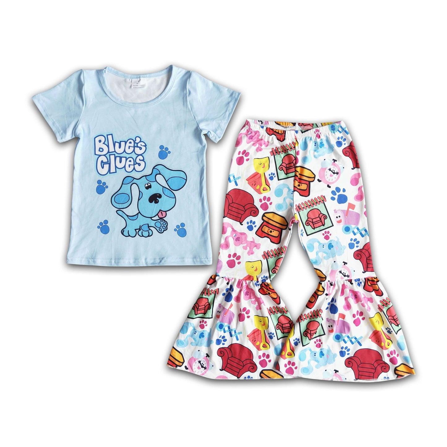 Short sleeve blue dog bell bottom pants girls cute clothing sets