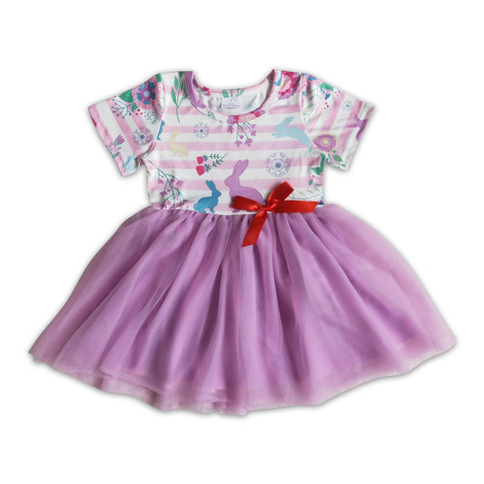 Short sleeve bunny print purple tulle baby girls dresses