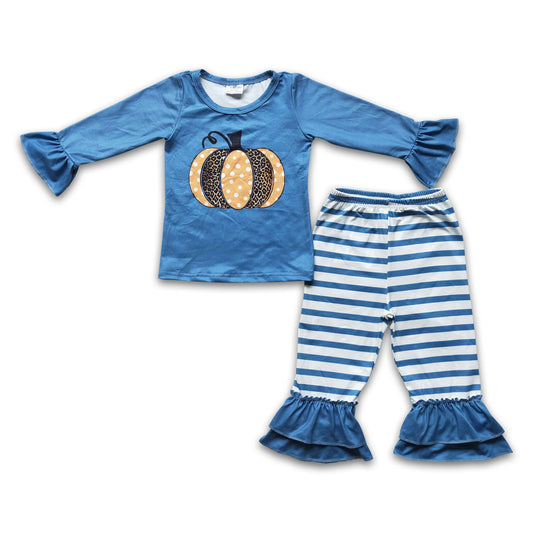 Blue long sleeve pumpkin shirt stripe pants girls outfits