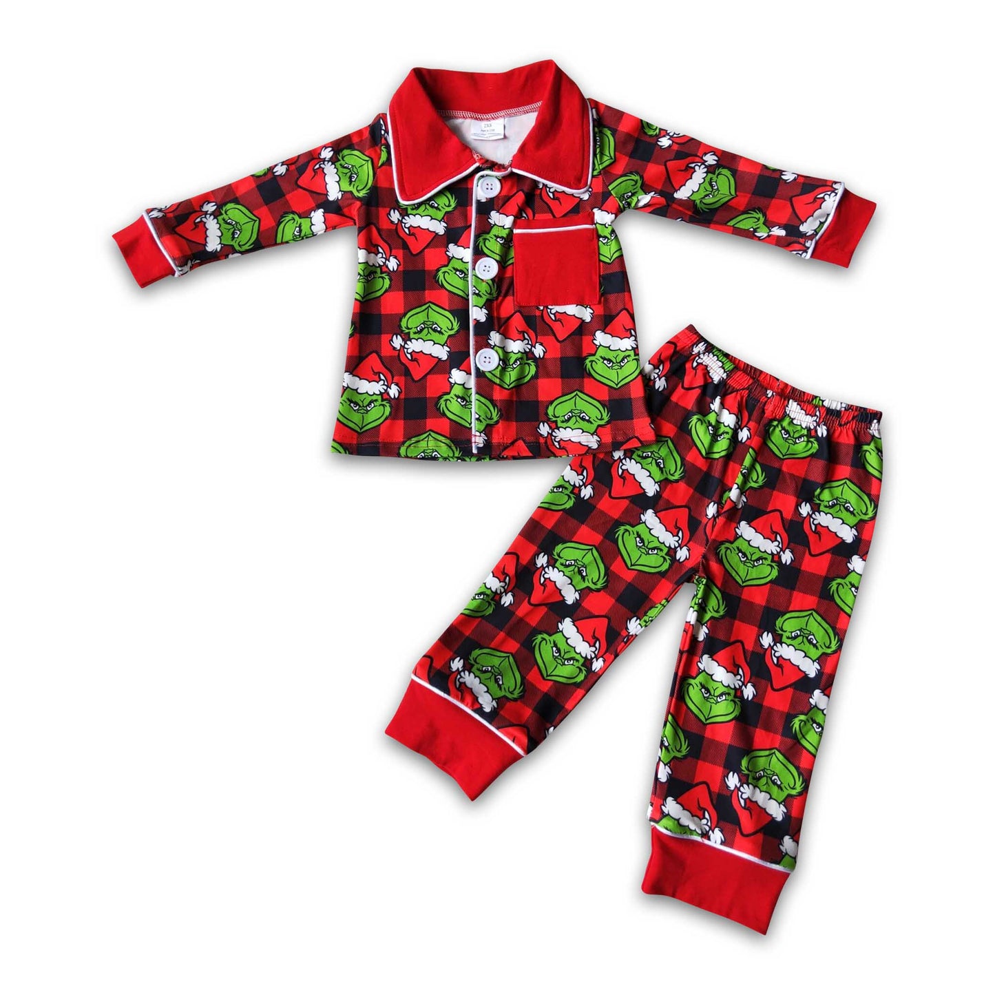 Plaid green face print pocket kids boy Christmas pjs