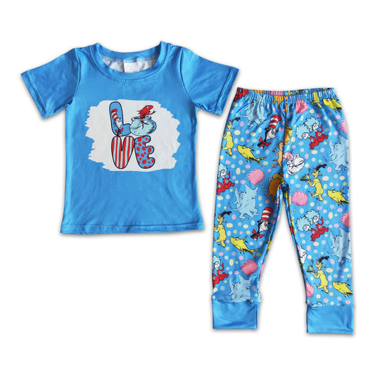 Blue cat bleached short sleeve pants boy clothing sets