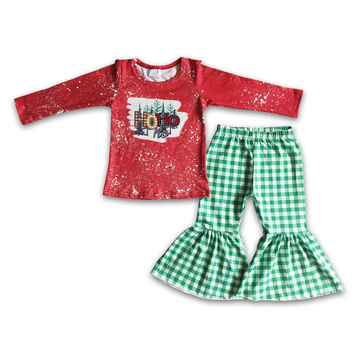 Ho ho ho bleached shirt green plaid bell bottom pants girls Christmas outfits