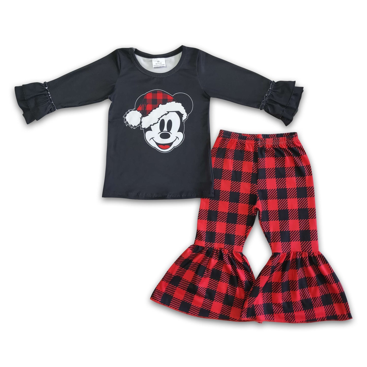 Black mouse screen print shirt buffalo plaid pants girls Christmas clothing