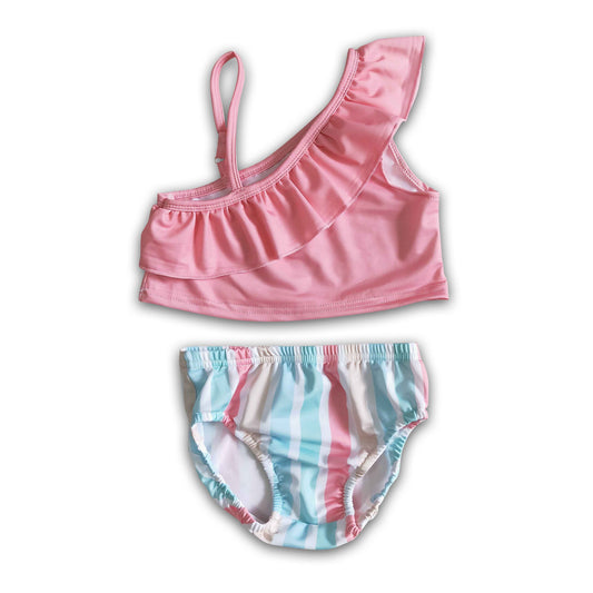 Pink colorful stripe baby girls summer swimsuit