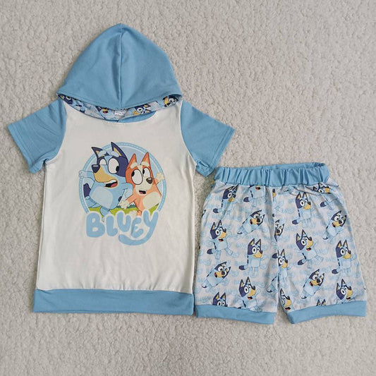 Short sleeve blue dog hoodie shorts boy summer set