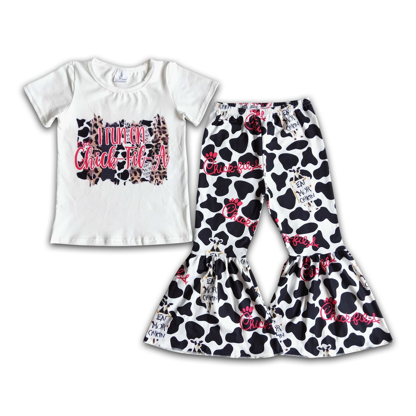 White short sleeve shirt cow print bell bottom pants fries girls botique clothing set