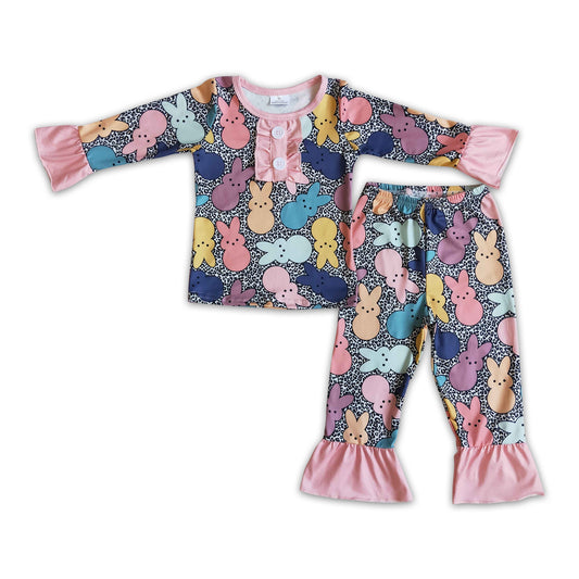 Bunny print leopard girls ruffle easter pajamas