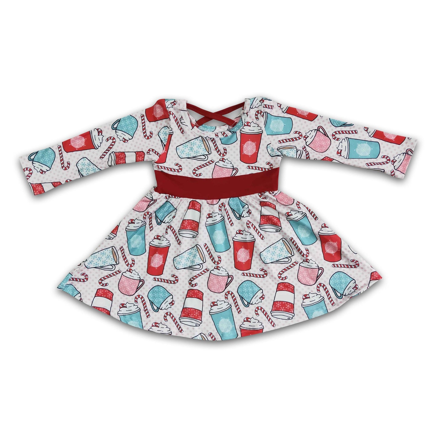 Cup candy cane long sleeve girls twirl Christmas dresses