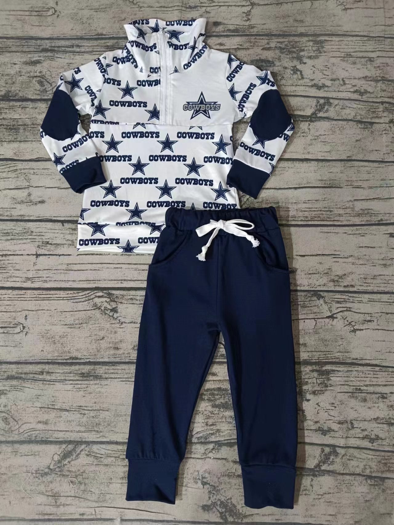 MOQ 3 pcs star cowboy pullover navy pants kids boys team outfits