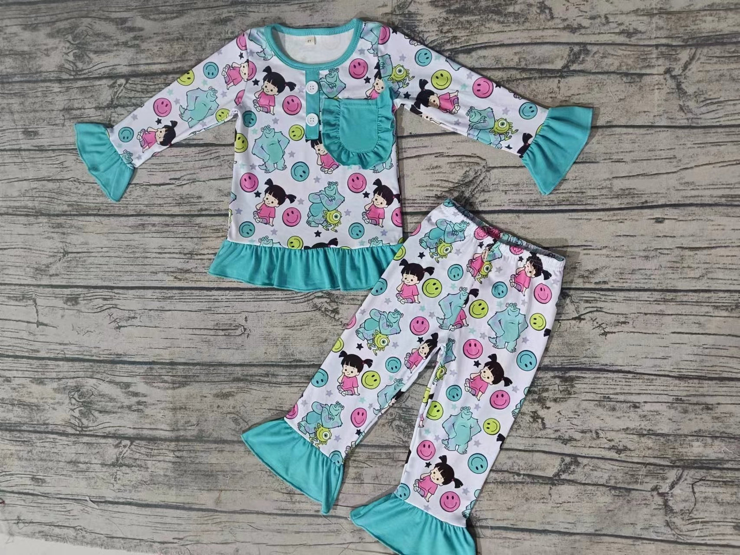 MOQ 5 long sleeves pocket smile monster girls pajamas