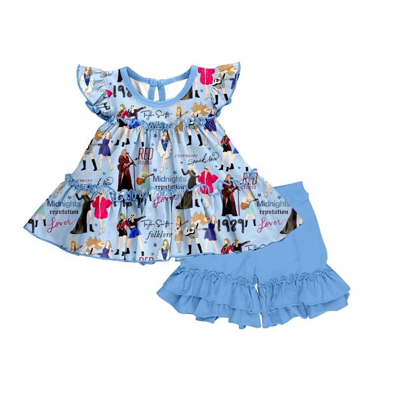 MOQ 3 Flutter sleeves guitar top blue shorts singer girls set