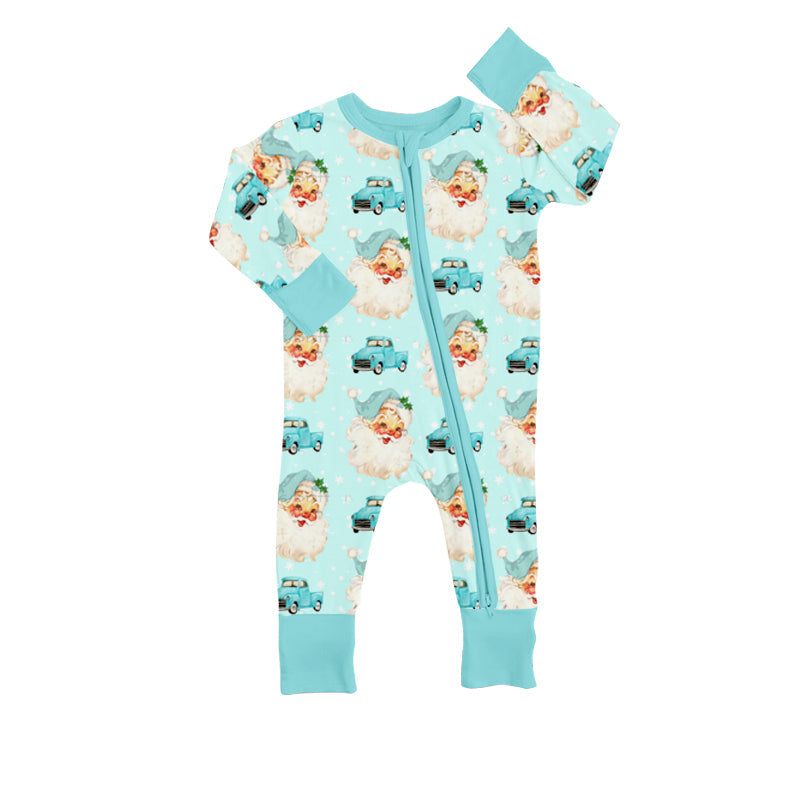MOQ 5 PCS  blue santa cars baby kids Christmas zipper romper