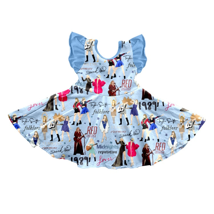 MOQ  3 Blue flutter sleeves stars guitar singer girls dress