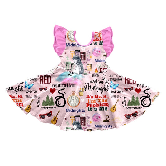 MOQ  3 Pink flutter sleeves stars guitar singer girls dress