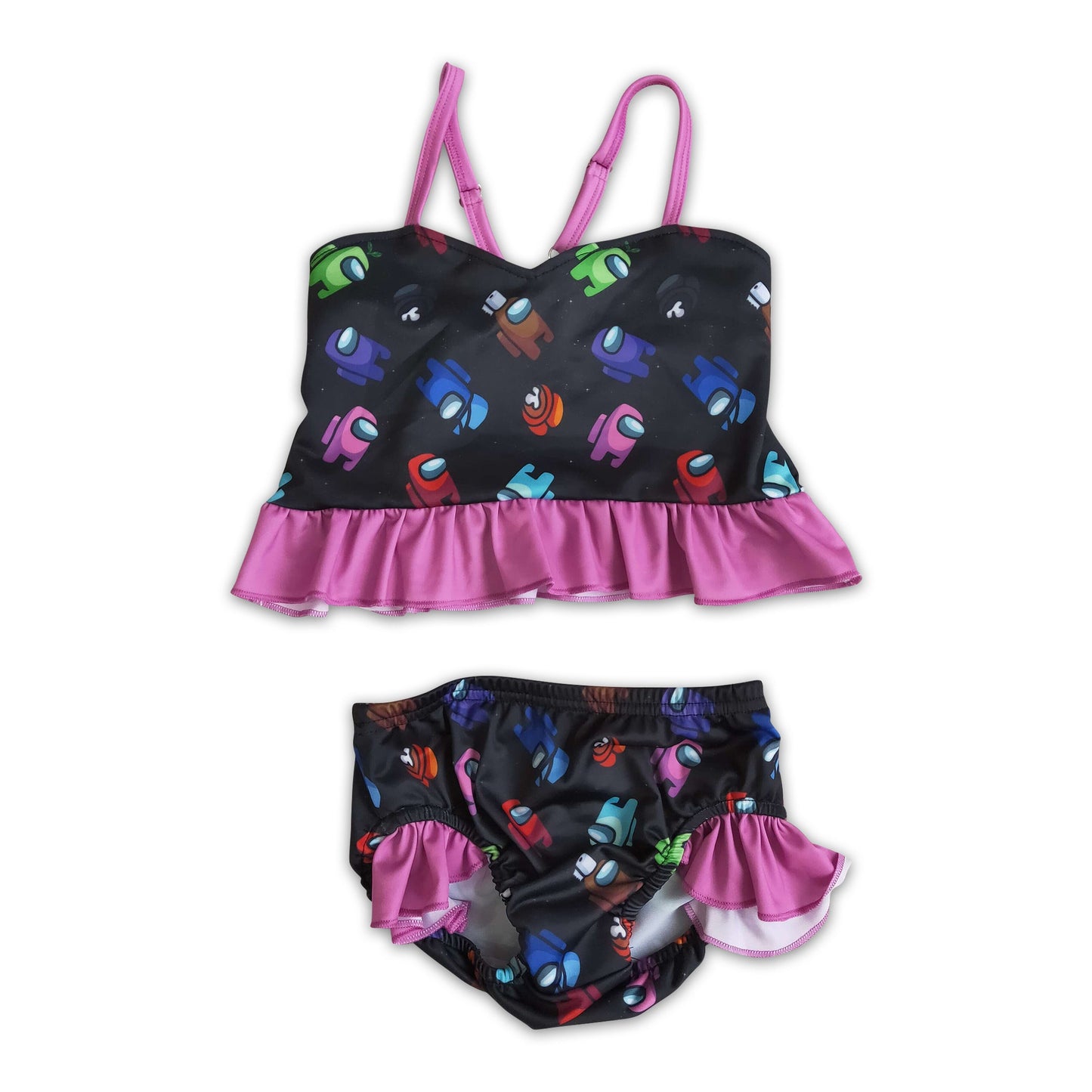 Hot pink ruffle black game print baby girls summer swimsuit