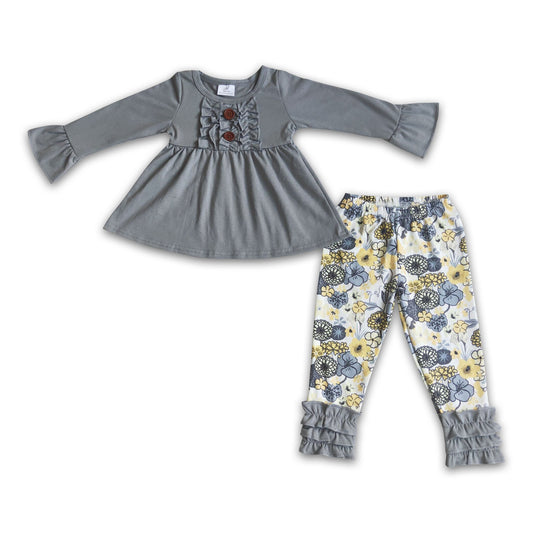 Gray cotton tunic match floral leggings children clothes