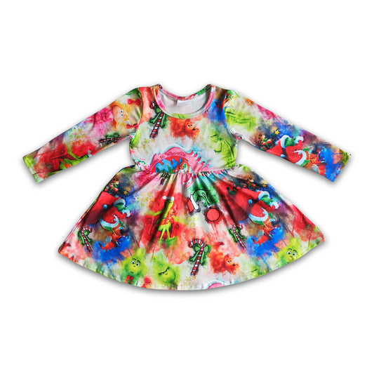 Cute green face print long sleeve twirl Christmas dresses