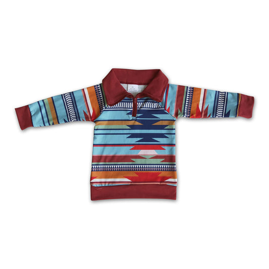 Aztec print long sleeve zipper kids pullover