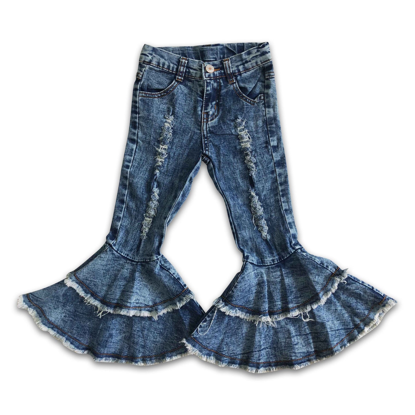 Washed denim waistband ruffle Bell Bottom Girls Pants