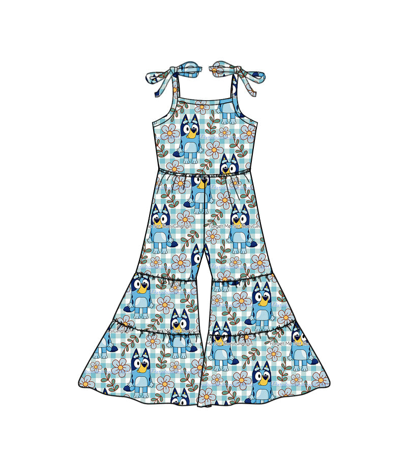 MOQ 5 suspender blue dog floral plaid girls jumpsuit