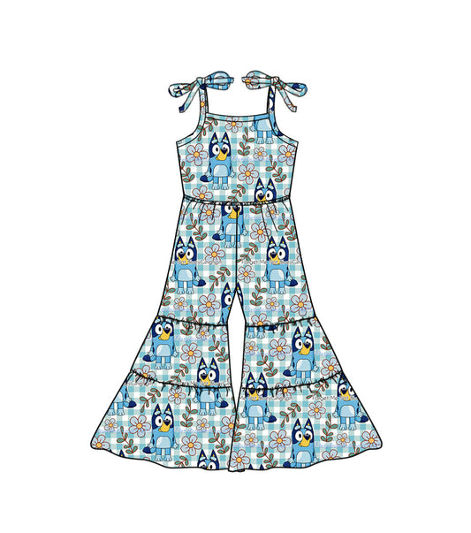 MOQ 5 suspender blue dog floral plaid girls jumpsuit