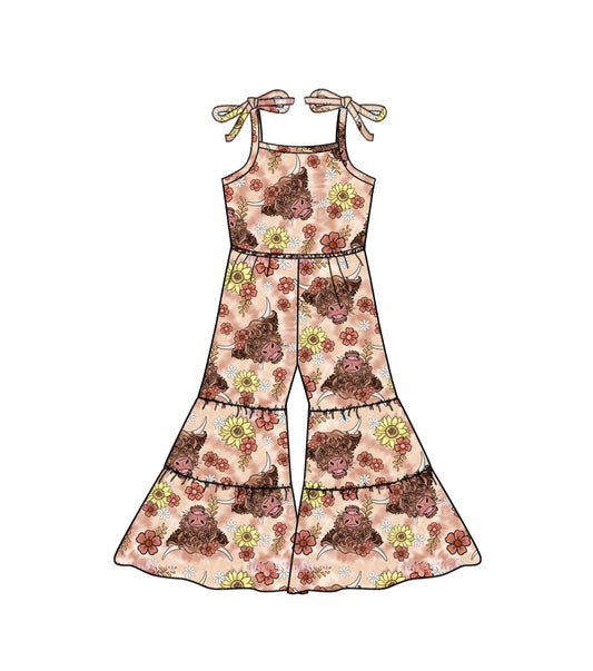 MOQ 5 highland cow floral suspender baby girls jumpsuit