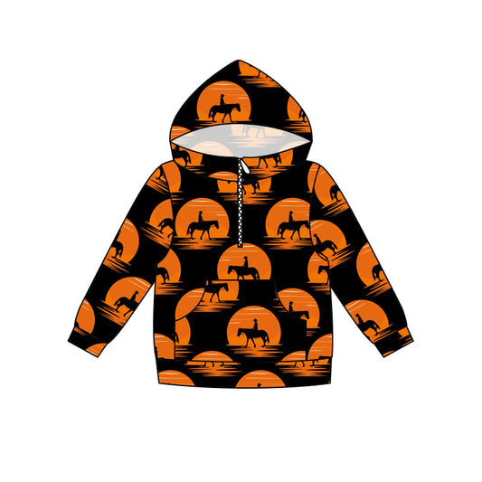 MOQ 5 orange black horse rodeo kids boy zipper hoodie