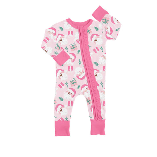 MOQ 5 PCS pink santa gifts baby girls Christmas zipper romper