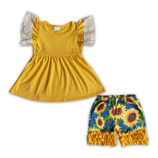 Mustard flutter sleeve sunflower shorts kids clothing girls