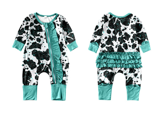 MOQ 5 PCS cow print turquoise ruffle baby girls zipper romper