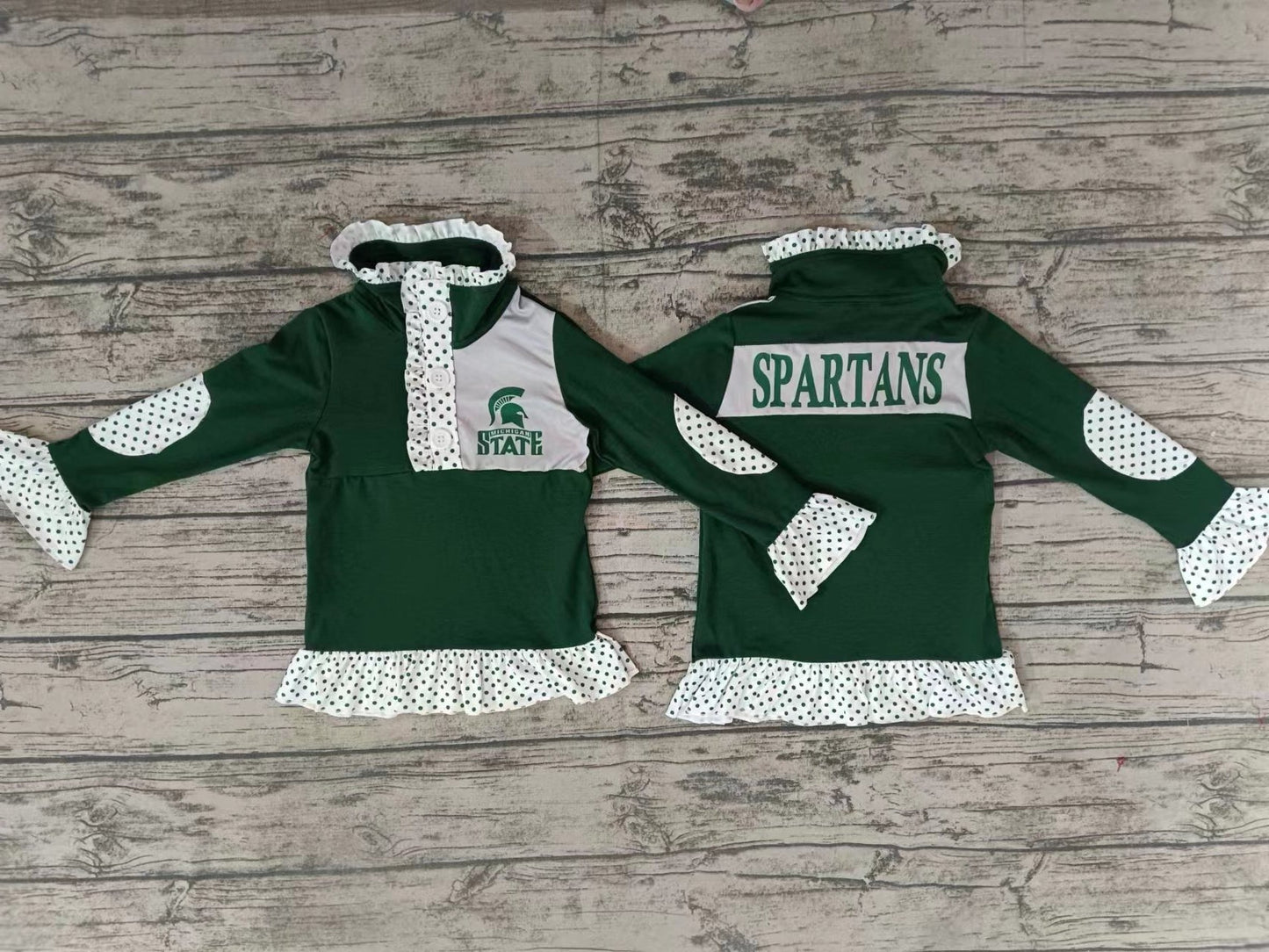 MOQ 3 pcs green polka dots girls team pullover