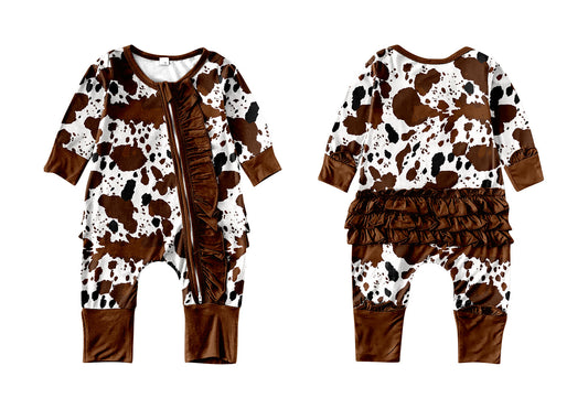 MOQ 5 PCS cow print ruffle baby girls zipper romper