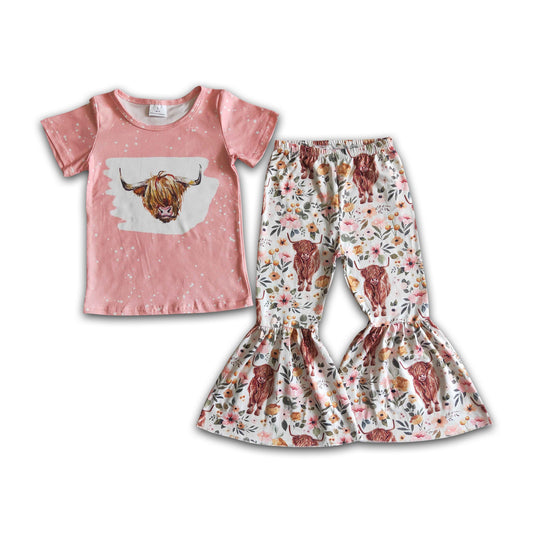 Highland cow print shirt bell bottom pants girls spring clothing