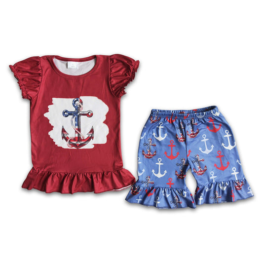 Anchor print shirt match shorts girls 4th of july set