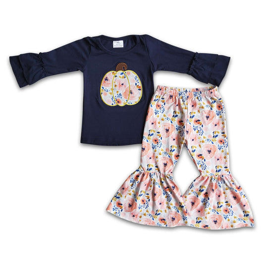 Girl Embroidery Pumpkin Floral Outfit