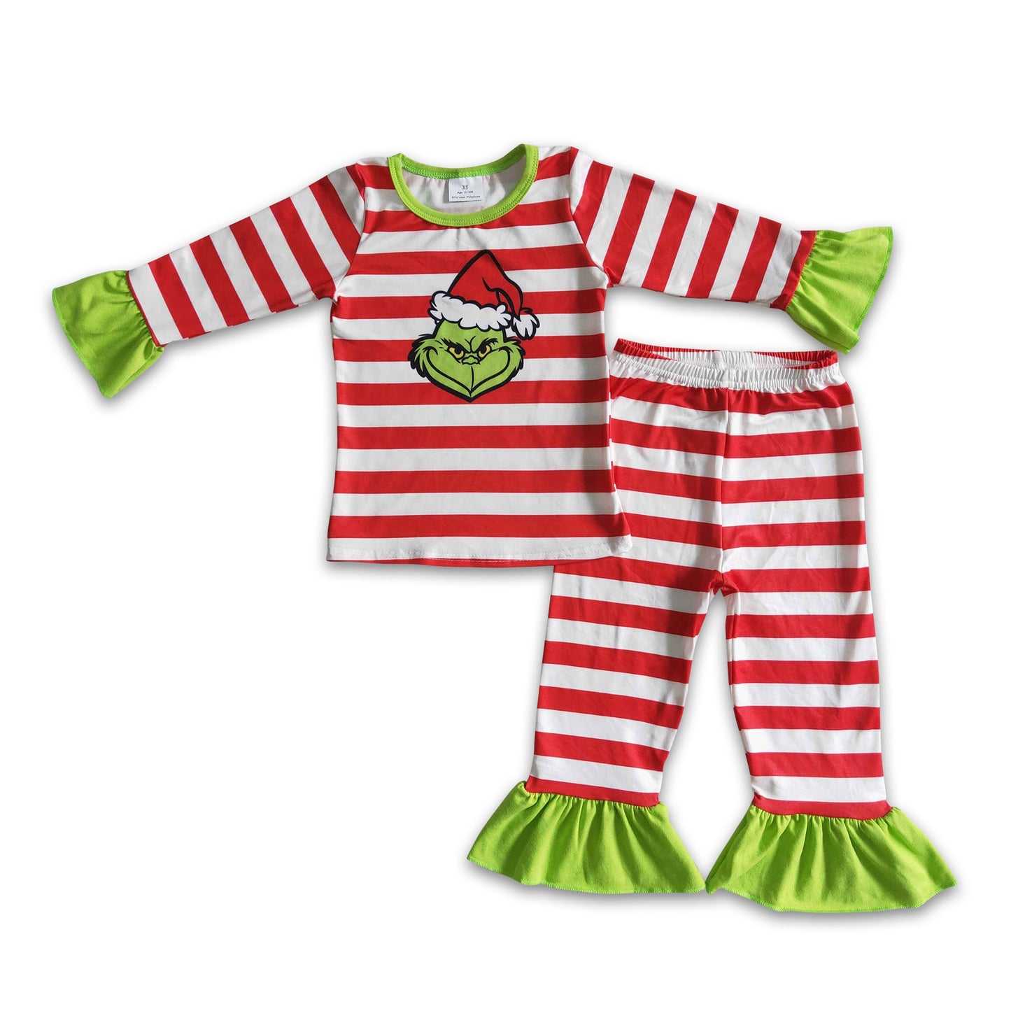 Red stripe green face girls Christmas pajamas