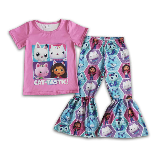 Cat print pink shirt bell bottom pants girls cute clothing set