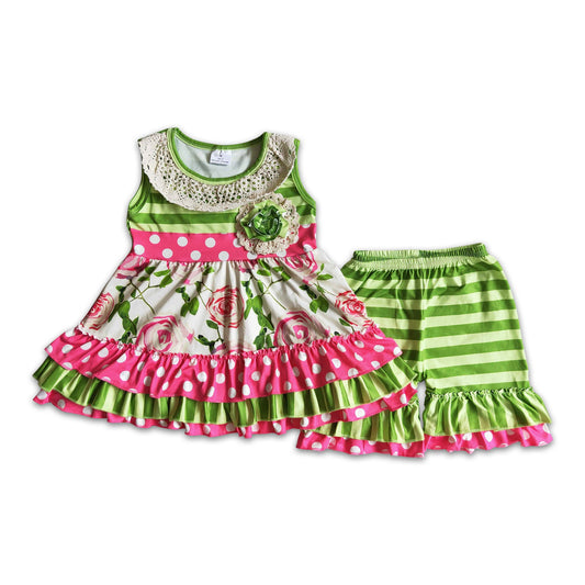 Green stripe floral ruffle tunic shorts summer set