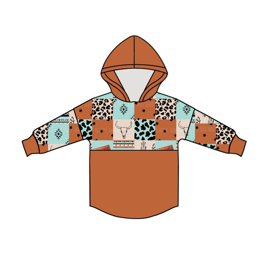 MOQ 5 leopard bull skull patchwork kids western hoodie